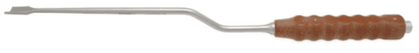A CEMENT FLAG SPLITTING OSTEOTOME, BAYONET with a brown handle on a white background.