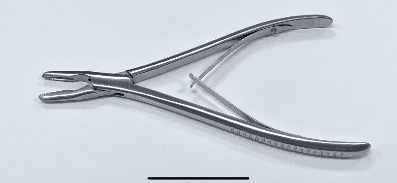 A pair of HANNUM TYPE GRASPER pliers on a white surface.