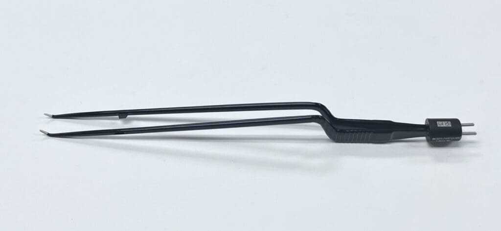 A pair of Keyfin Bipolar Forceps on a white surface.