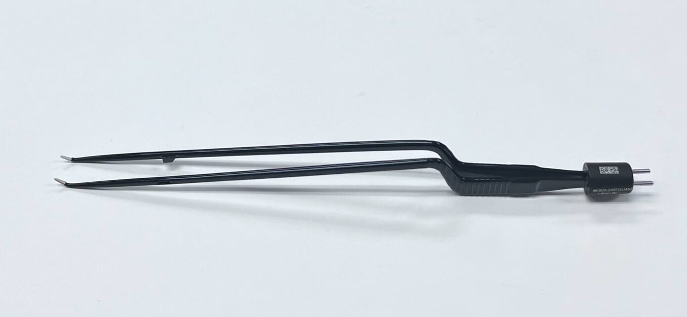 A pair of Keyfin Bipolar Forceps on a white surface.