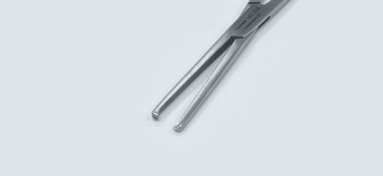 A close-up of a Rochester Ochsner Forcep, straight.
