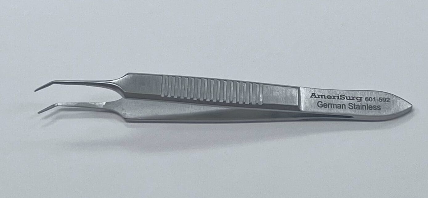 A silver MCPHERSON TYING FORCEP with a black handle.